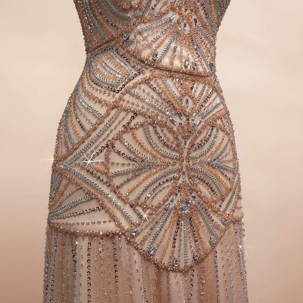 Close-up of an intricate luxiry beaded evening gown with beautiful detailed patterns on a light background