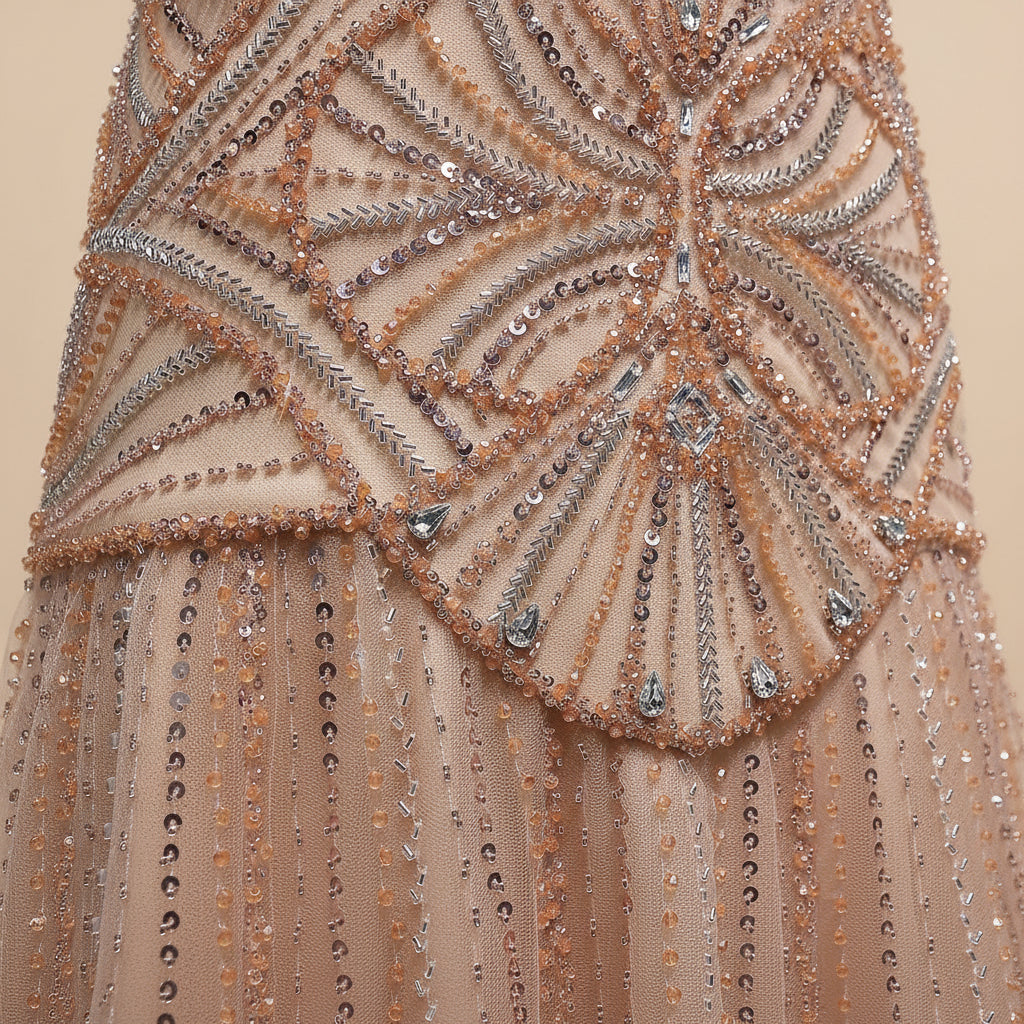 Close-up of a couture inspired luxury fashion beaded and sequined dress fabric with intricate patterns.