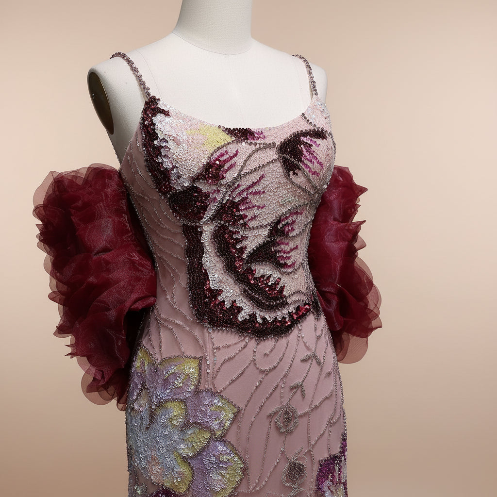 Close-up of a stunning pink luxury evening gown with sequin beaded floral embellishments on a mannequin against a black background.
