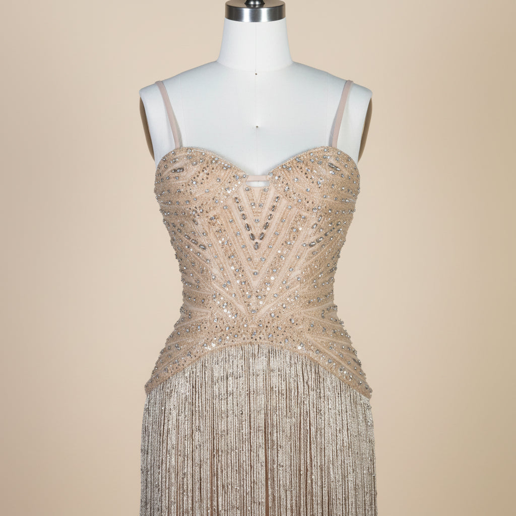Couture inspired elegant shiny crystal Beaded evening gown on a mannequin against a neutral background