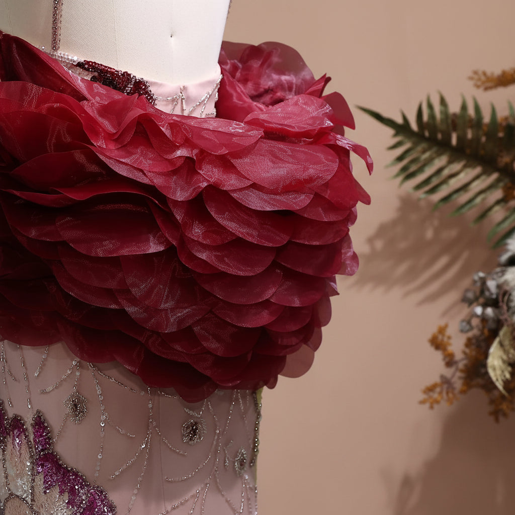 Close-up of a mannequin wearing gorgeous pink dress embellished fabric wirh a red floral sleeve shrug with a neutral background