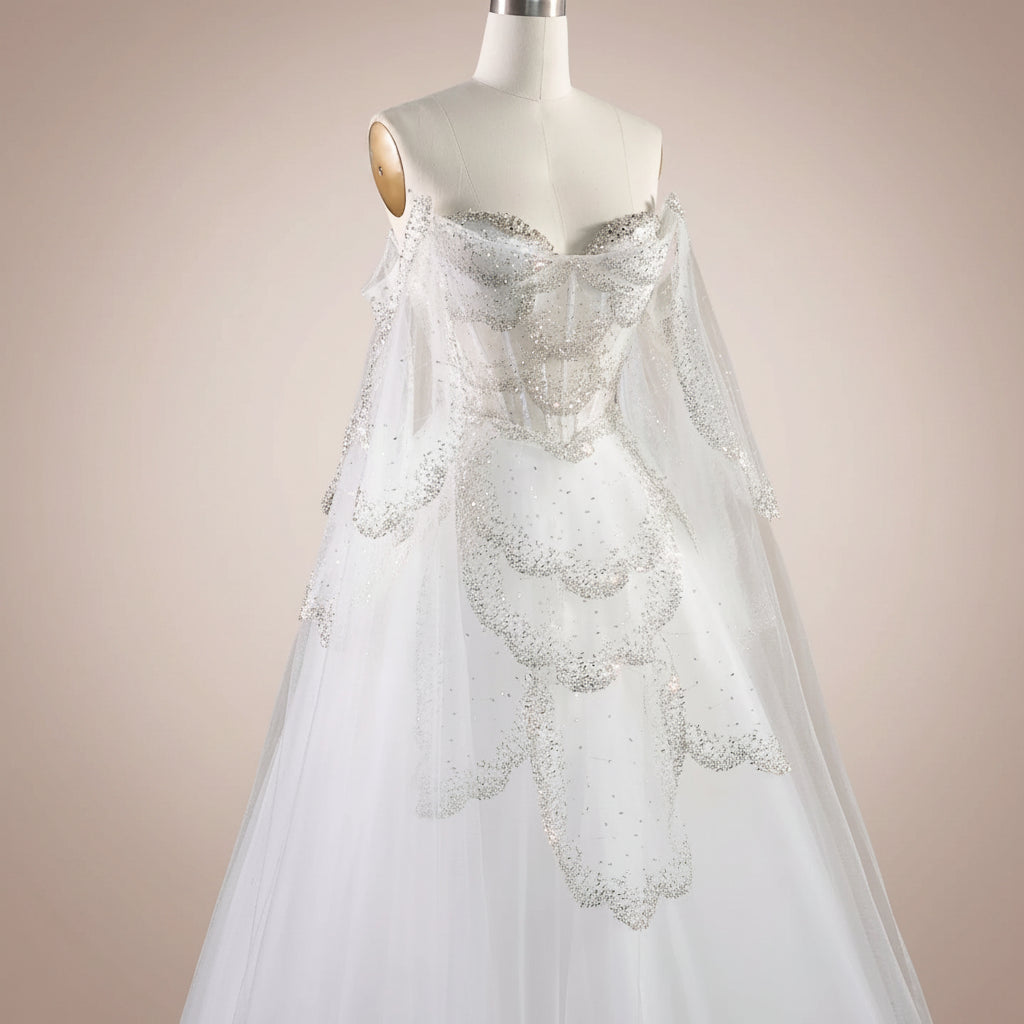 Luxury fashion White wedding dress with stunning intricate silver detailing on a mannequin against a light background