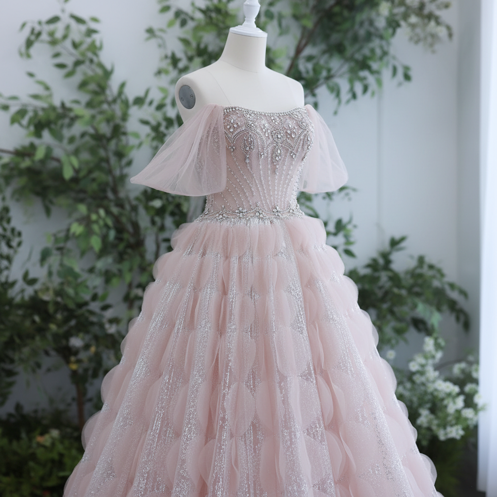 Beautiful luxury fashion Pink evening gown with intricate detailing on a mannequin against a blurred greenery background