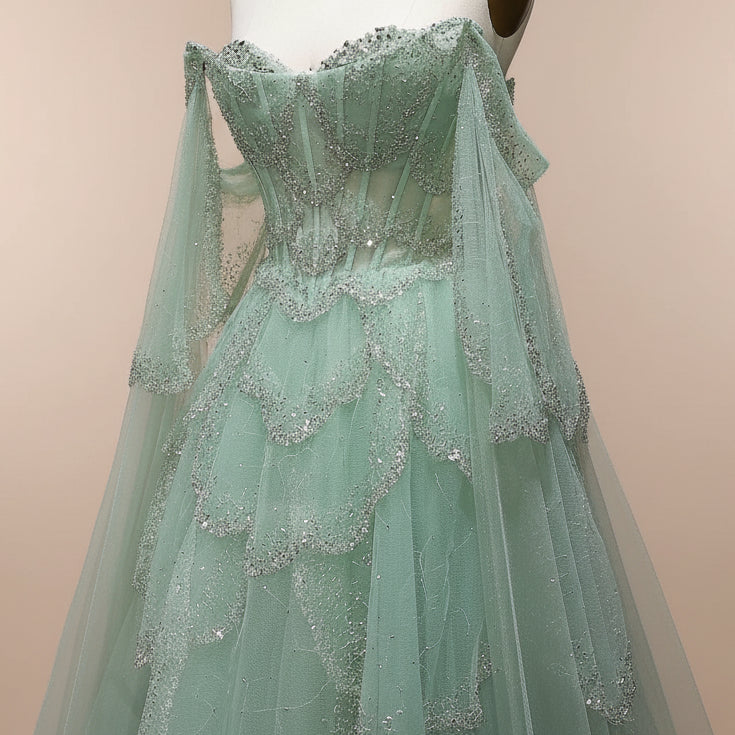 Stunning sage Green evening gown with shiny beaded details on a mannequin against a light background