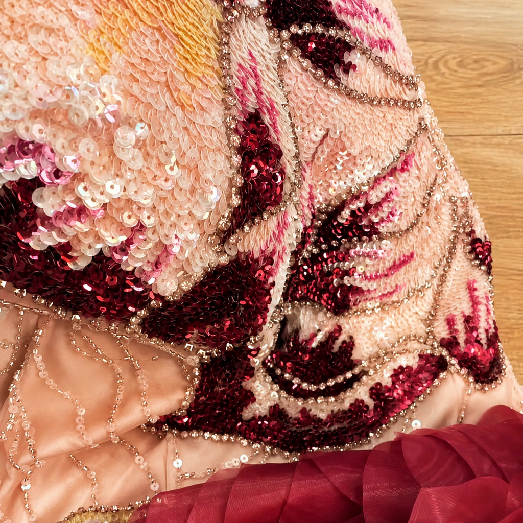Close-up of a sequined and beaded luxury dress fabric with red and pink patterns on a wooden surface.
