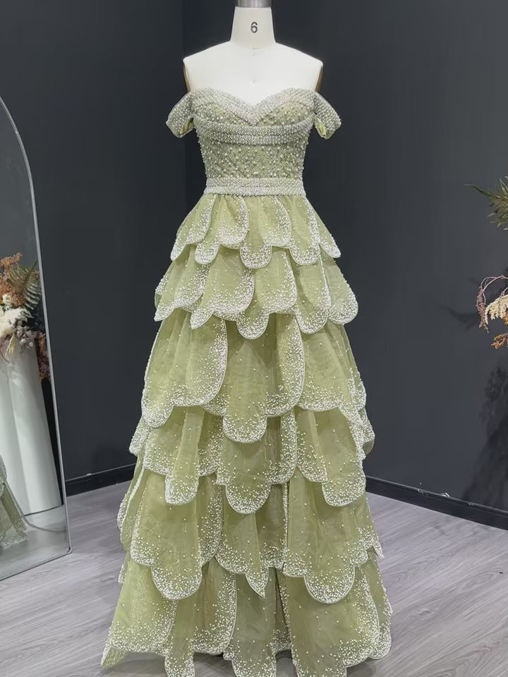 Verdant Petal Gown | Sage Green Beaded Prom Dress