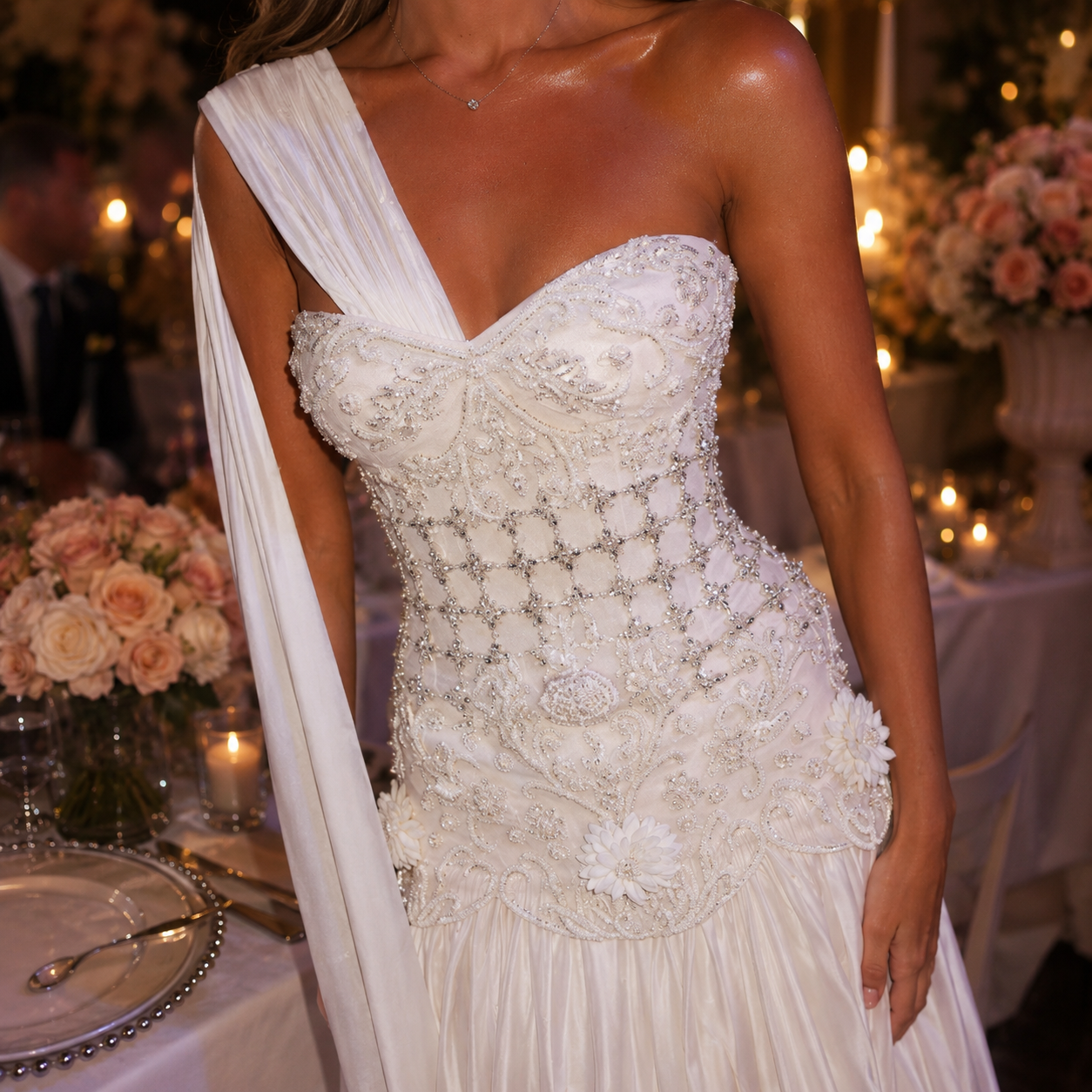 Woman in a luxury fashion white embellished wedding gown with floral details at a formal event.