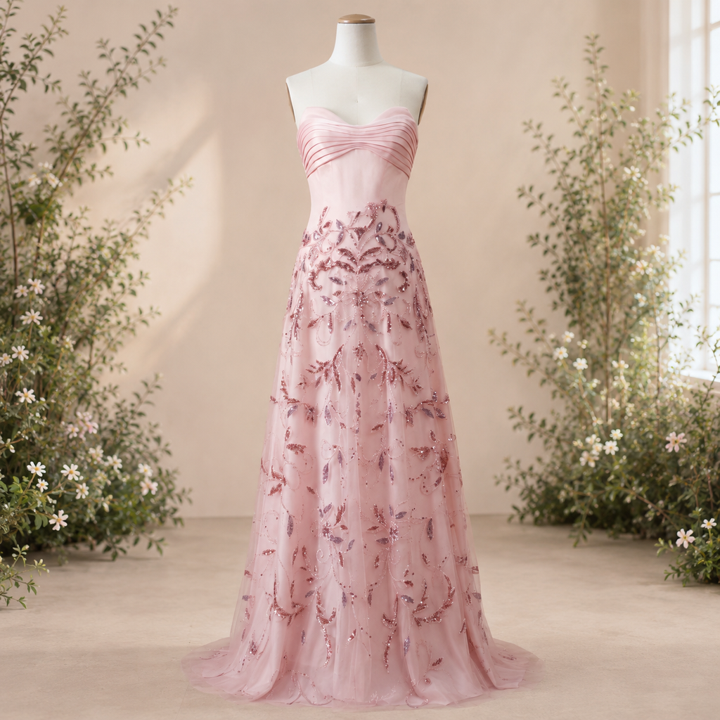 Couture inspired fantasy-luxury Pink floral evening gown on a mannequin against a neutral background with greenery.
