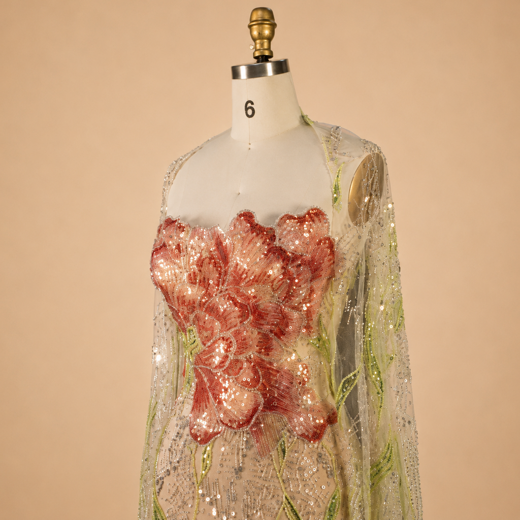 A sheer embellished tulle or mesh luxury evening gown displayed on a white dress form mannequin against a warm beige studio background. The garment has a large textured pinkish-red shimmering floral applique at the bust and green embroidered vine-like detailing throughout.