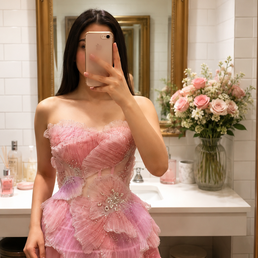 Beautiful woman taking a mirror selfie wearing an elaborate pink luxury sleevless ballgown, showing three dimensional shimmering embellishments and petal like structures. 