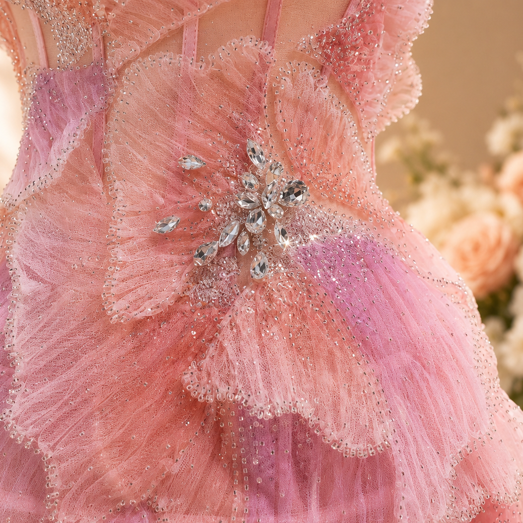 Close up of intricate crystal and sequin beadwork embellishments on a luxury couture pink ballgown