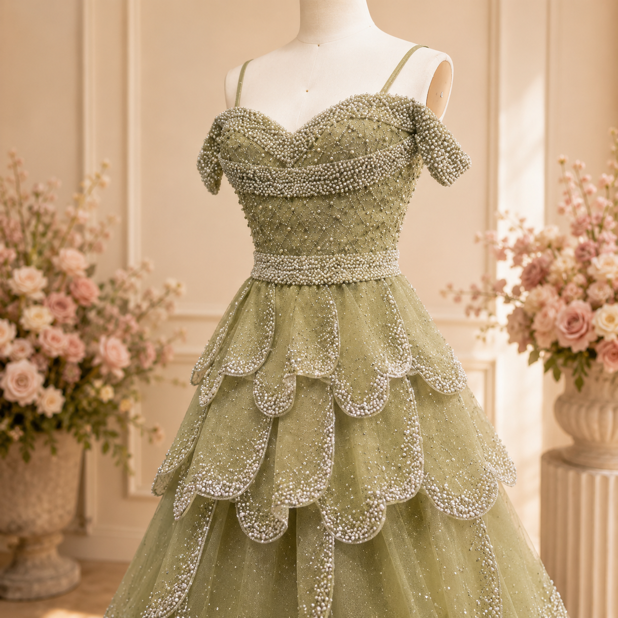 Close up of intricate luxury pearl and shimmering beadwork embellishments on a luxury green ballgown princess dress. The gorgeous evening gown is on a mannequin in a picturesque dressing room with flowers in the background 
