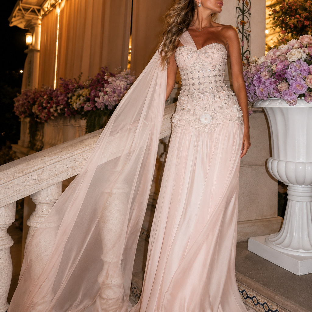 Woman in a luxury wedding dress, an elegant crystal embellished gown with floral details and a flowing train standing on a staircase with floral decorations.