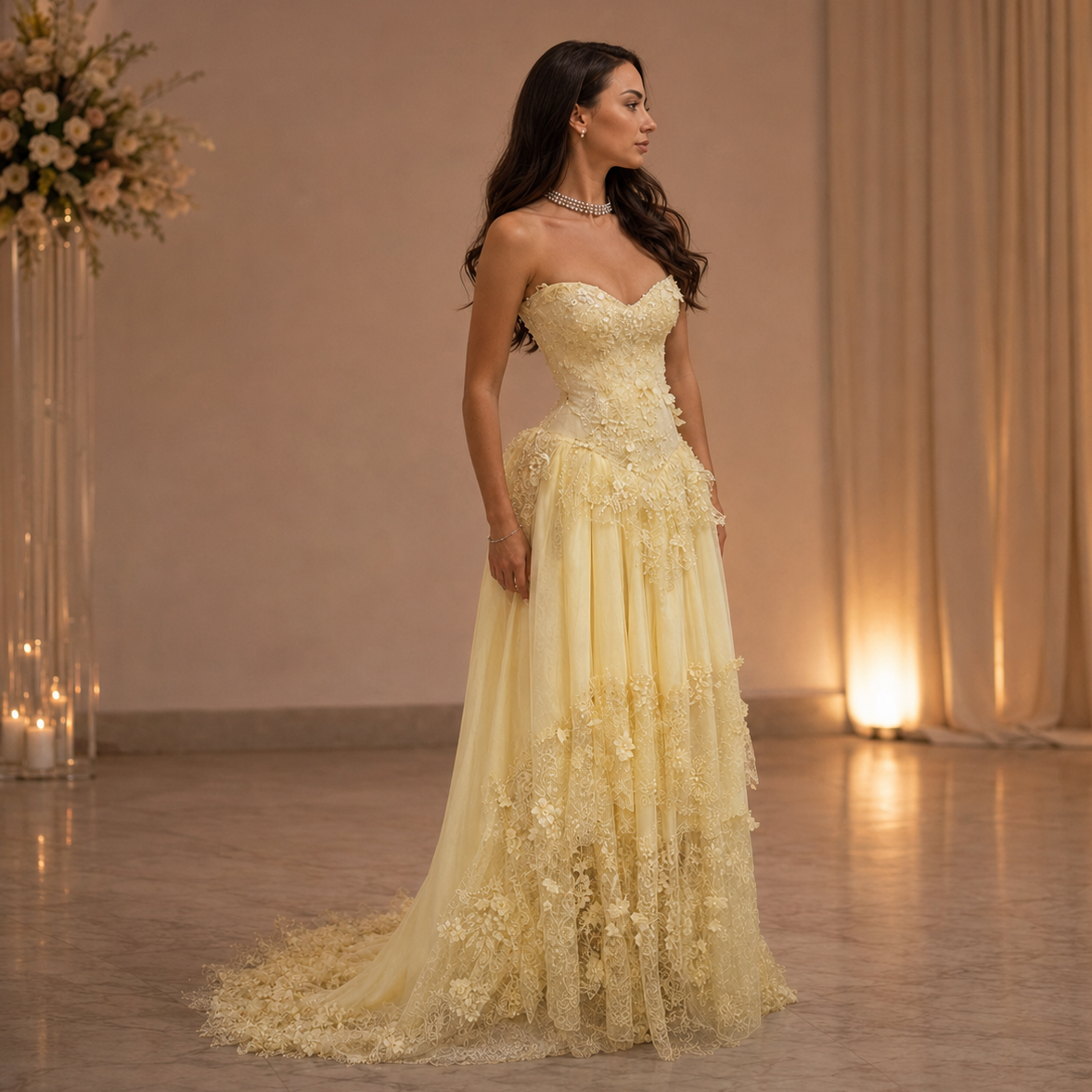 A woman modeling a strapless pale yellow lace ball gown with a fitted bodice and full layered skirt in a softly lit indoor venue with draped curtains and warm floor lighting.
