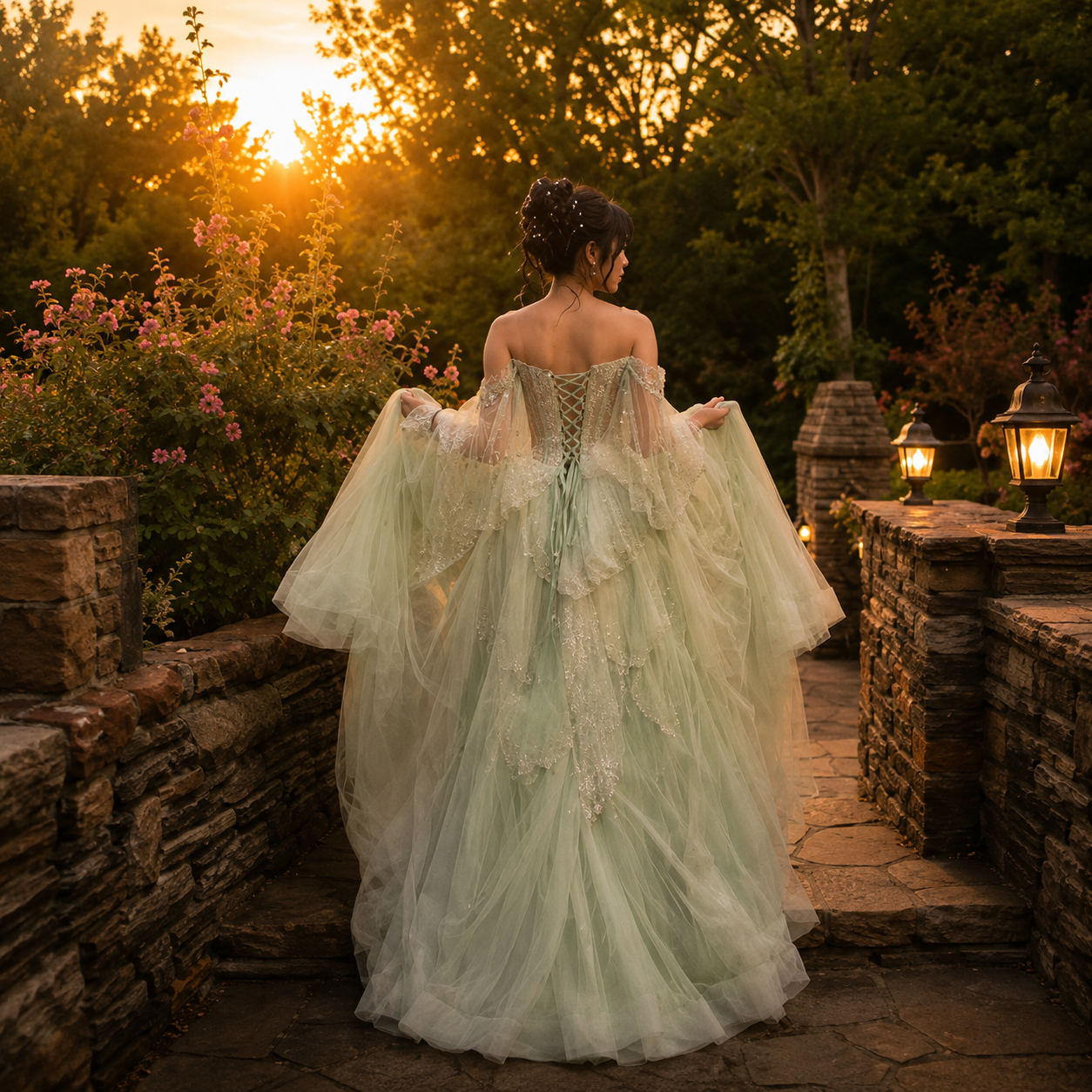 Woman wearing a stunning luxury princess-like ballgown in a light sage green color standing in an enchanted looking garden at sunset.
