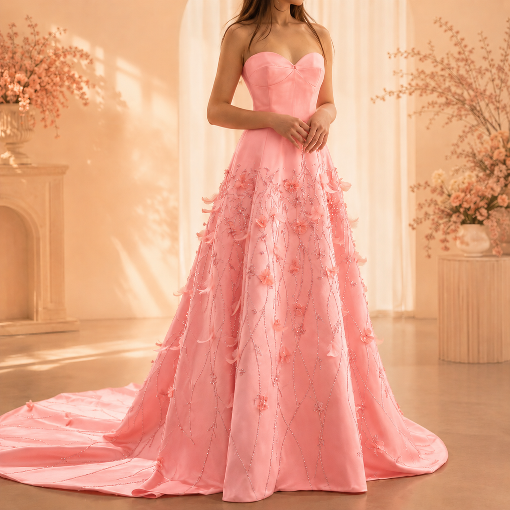 A woman wearing a strapless sweetheart ball gown in soft coral pink peach with 3D floral appliqué and a long train, posed in a warm, sunlit room with floral decor.