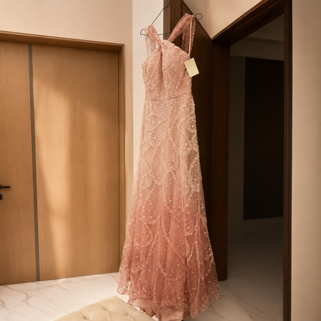 Beautiful pink ombre dress, with luxury beadwork covering the entire gown. The evening gown is on a hanger in what looks like a high end hotel room.