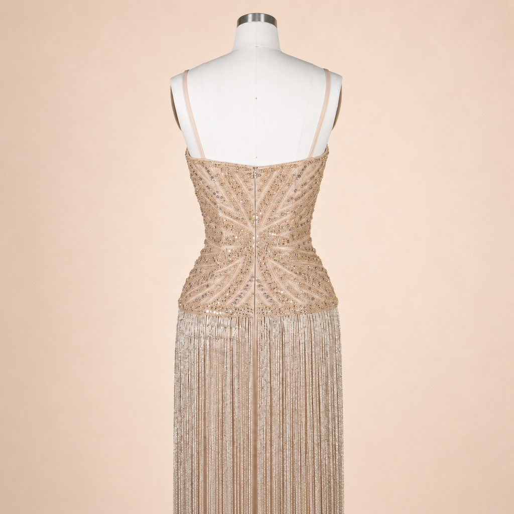 Sparkling Champagne luxury evening gown on a mannequin against a beige background