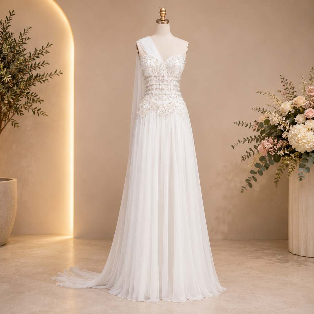 Luxury White wedding dress on a mannequin with floral decorations in a softly lit room.