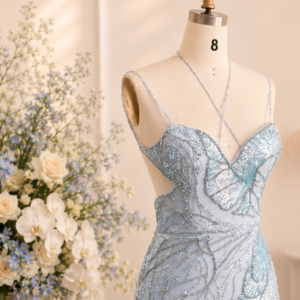Close up of a sparkling icy blue luxury evening gown covered in intricate and detailed beautiful crystal and sequin bead embellishments. The dress is on a mannequin in a dressing room with flowers in the background.