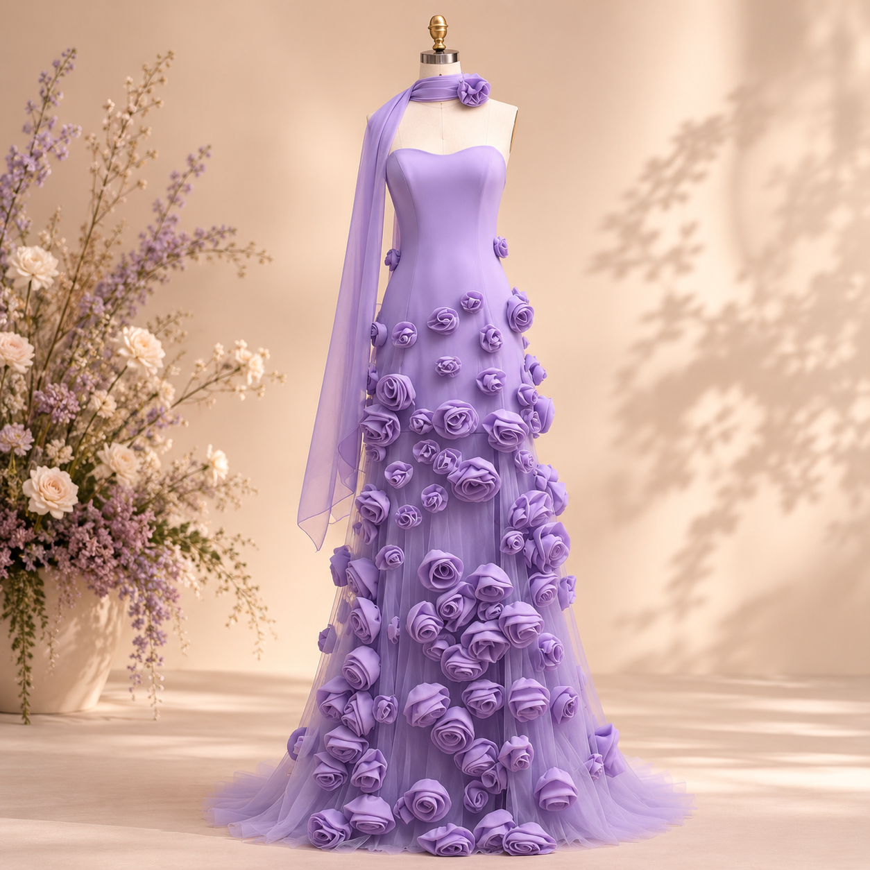 Beautiful Purple evening gown with detailed large purple flower floral appliqués on a mannequin against a neutral background