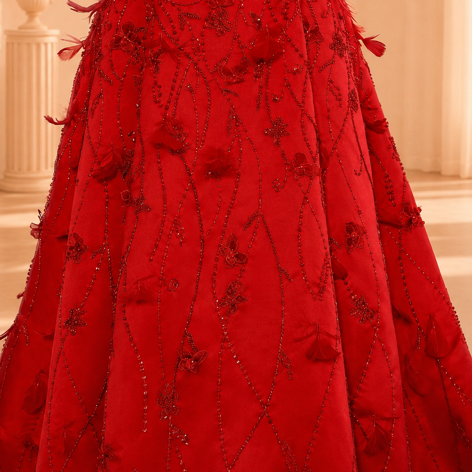 A close-up of an amazingly detailed and voluminous luxury red ballgown fit for a princess, with intricate beaded floral and vine embroidery, set against a softly blurred warm-toned interior background.