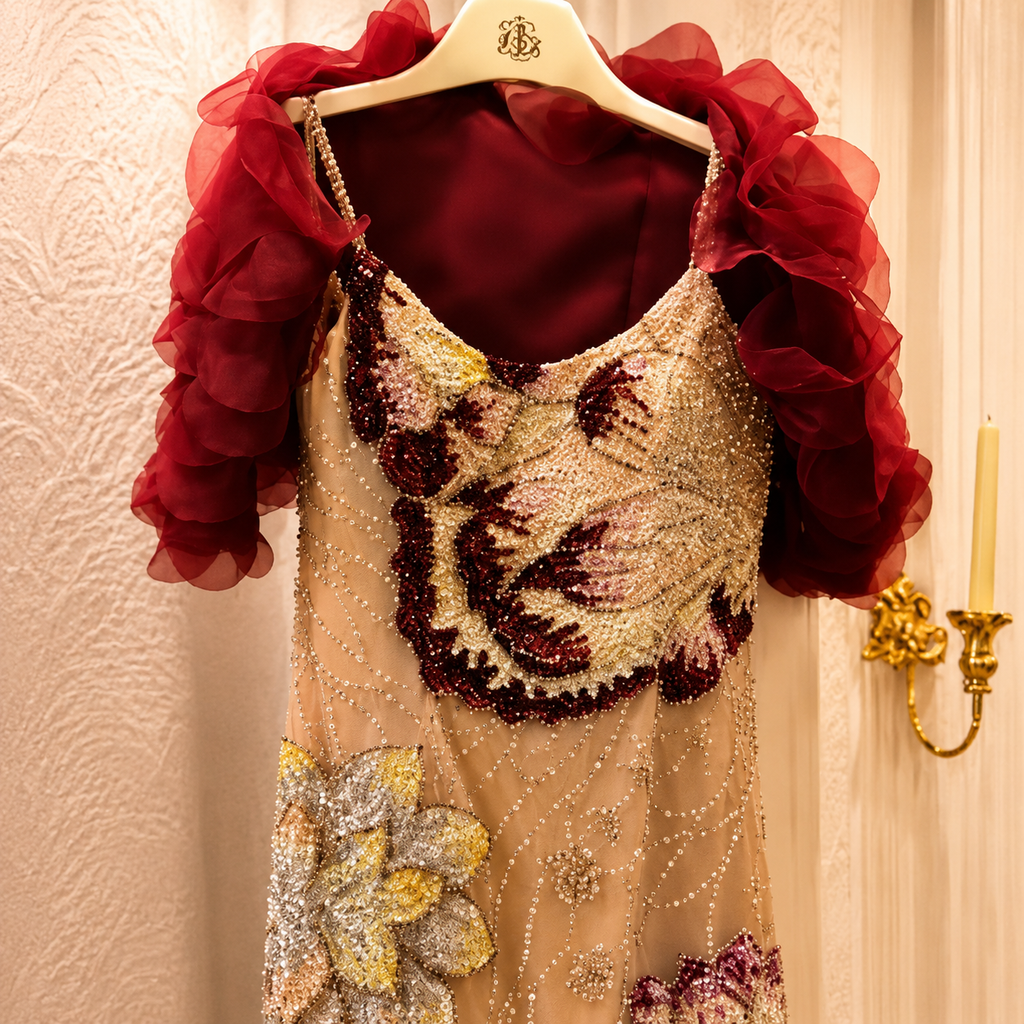 Luxury pink prom dress with crystal beaded floral embellishments on a hanger against a neutral wall.