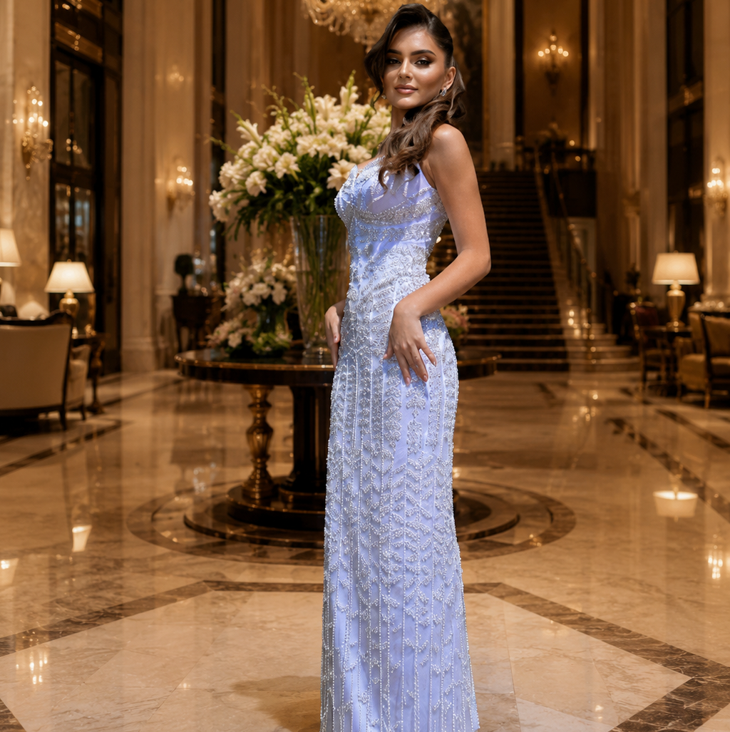 Beautiful lady wearing a lilac light purple stunning evening gown with silver beadwork in intricate patterns. She is standing in a luxury hotel lobby.