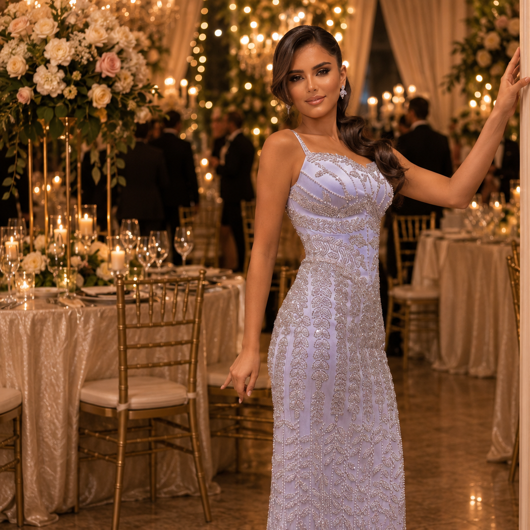 A gorgeous lady wearing a lilac light purple evening gown with luxurious silver beadwork details,  at an expensive looking wedding reception venue 