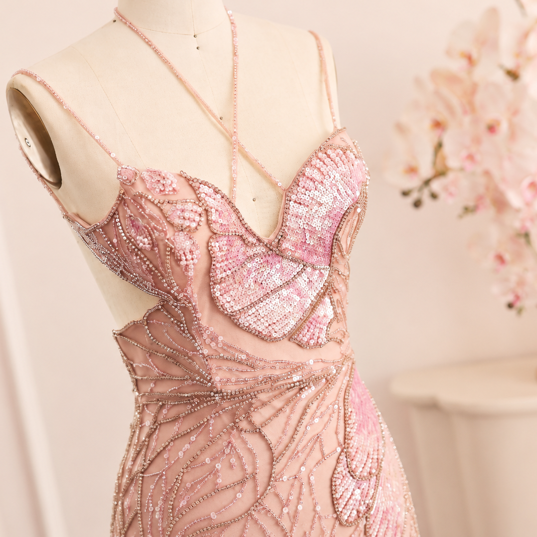 Close up of a couture-inspired shimmering pink evening gown on a mannequin, with luxury-fashion crystal embellishments and detailed stylish beadwork. 
