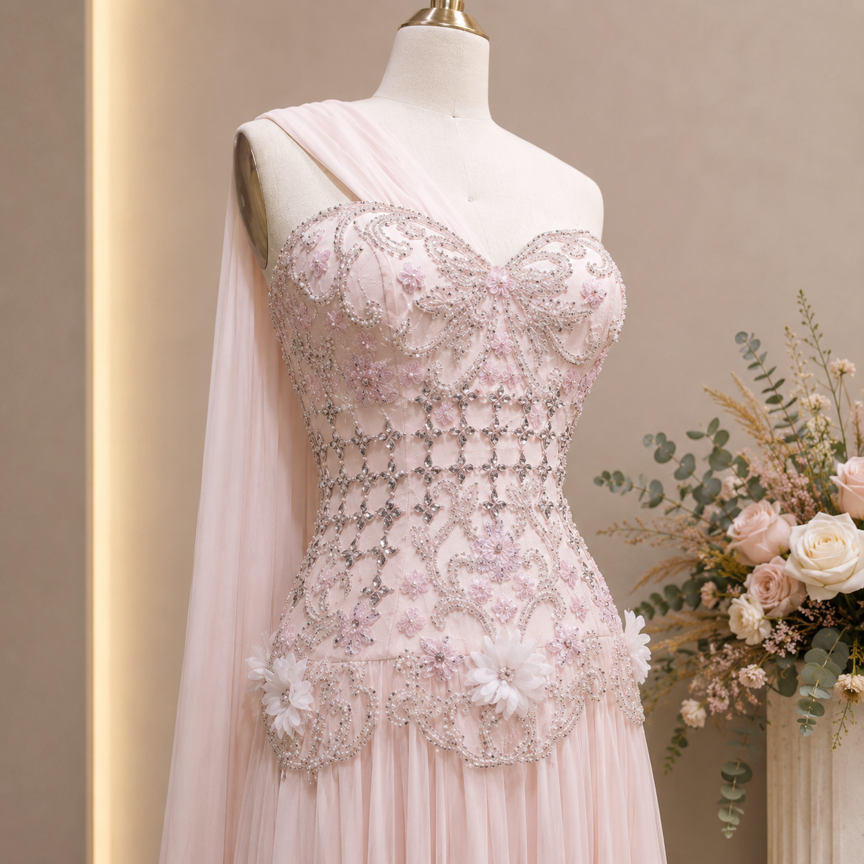 Beautiful detailed Pink evening gown with beaded crystal and floral details on a mannequin against a neutral background.