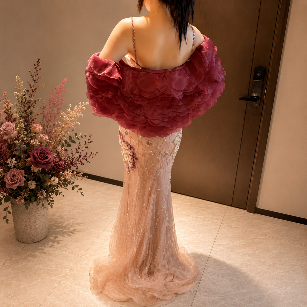 Elegant Woman wearing a luxury pink crystal long gown with a bouquet of flowers on a neutral background