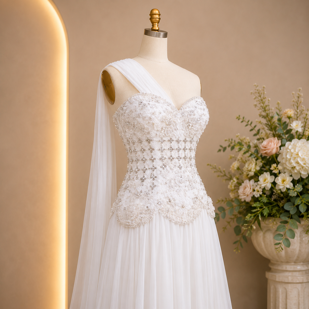 Luxury couture inspired White wedding dress on a mannequin with a floral arrangement in the background