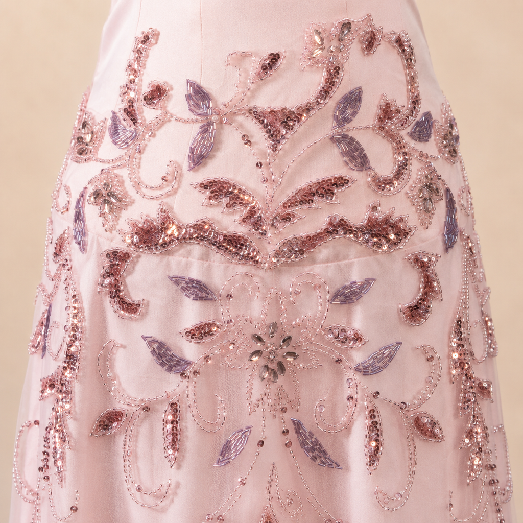 Close-up of a luxury couture inspired pink dress with intricate beadwork and floral patterns on a beige background