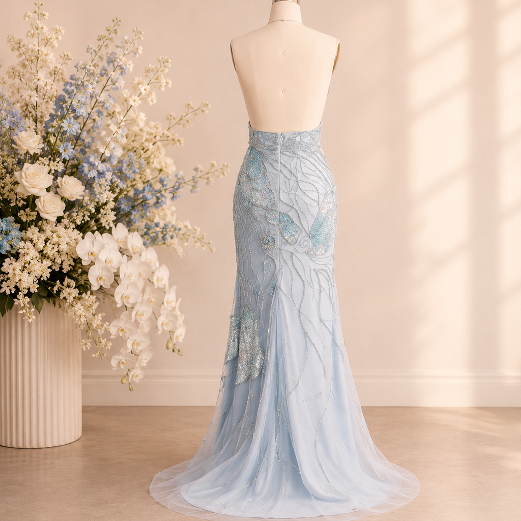 Back view of a luxury sparkling light blue evening gown with detailed crystal beadwork embellishments. The dress is worn on a mannequin in a stylish dressing room with flowers in the background