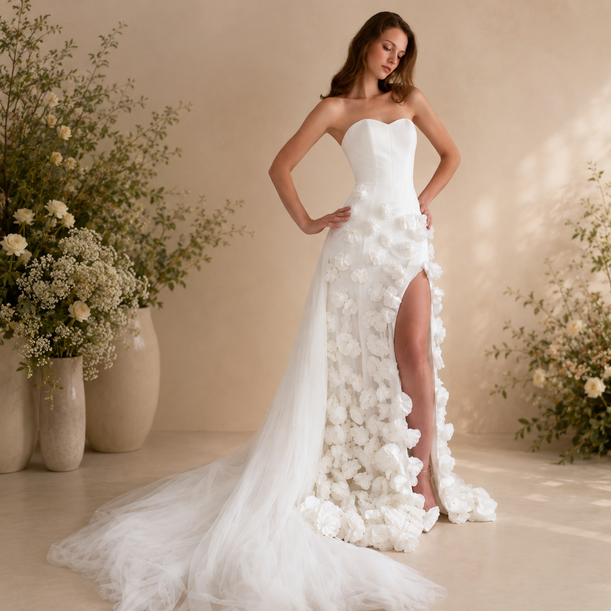 Woman in a couture fashion white wedding gown with white rose floral details details standing in a decorated room.