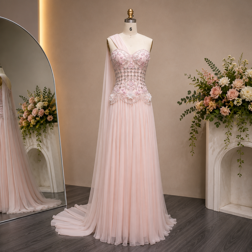 Elegant long Pink evening gown with crystal details on a mannequin with floral decorations in a room.