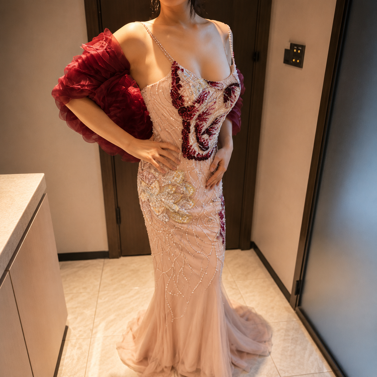 Gorgeous Woman wearing a glamorous pink evening gown with floral details in a room.