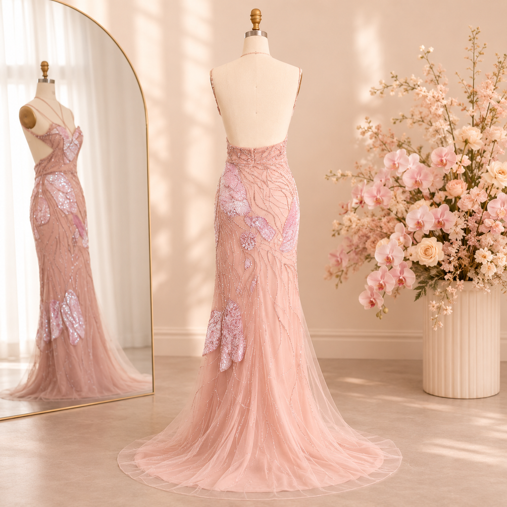 Back view of a luxury blush pink gown, featuring beautiful crystal, pearl and sequin intricate embellishments. The gorgeous pink dress is on a mannequin in a warmly lit dressing room with a mirror and flowers in the background.