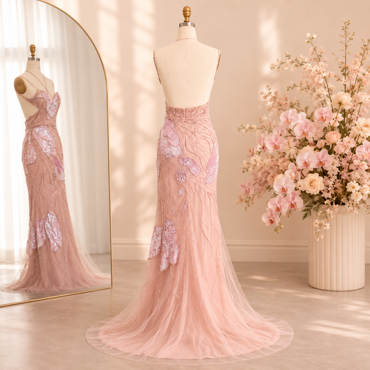 Back view of a luxury blush pink gown, featuring beautiful crystal, pearl and sequin intricate embellishments. The gorgeous pink dress is on a mannequin in a warmly lit dressing room with a mirror and flowers in the background.