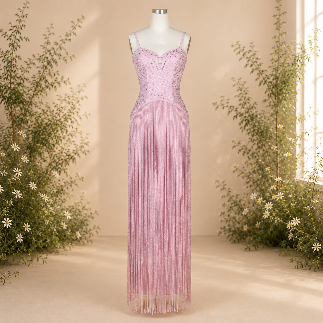 Luxury beaded Pink evening gown on a mannequin against a beige wall with greenery