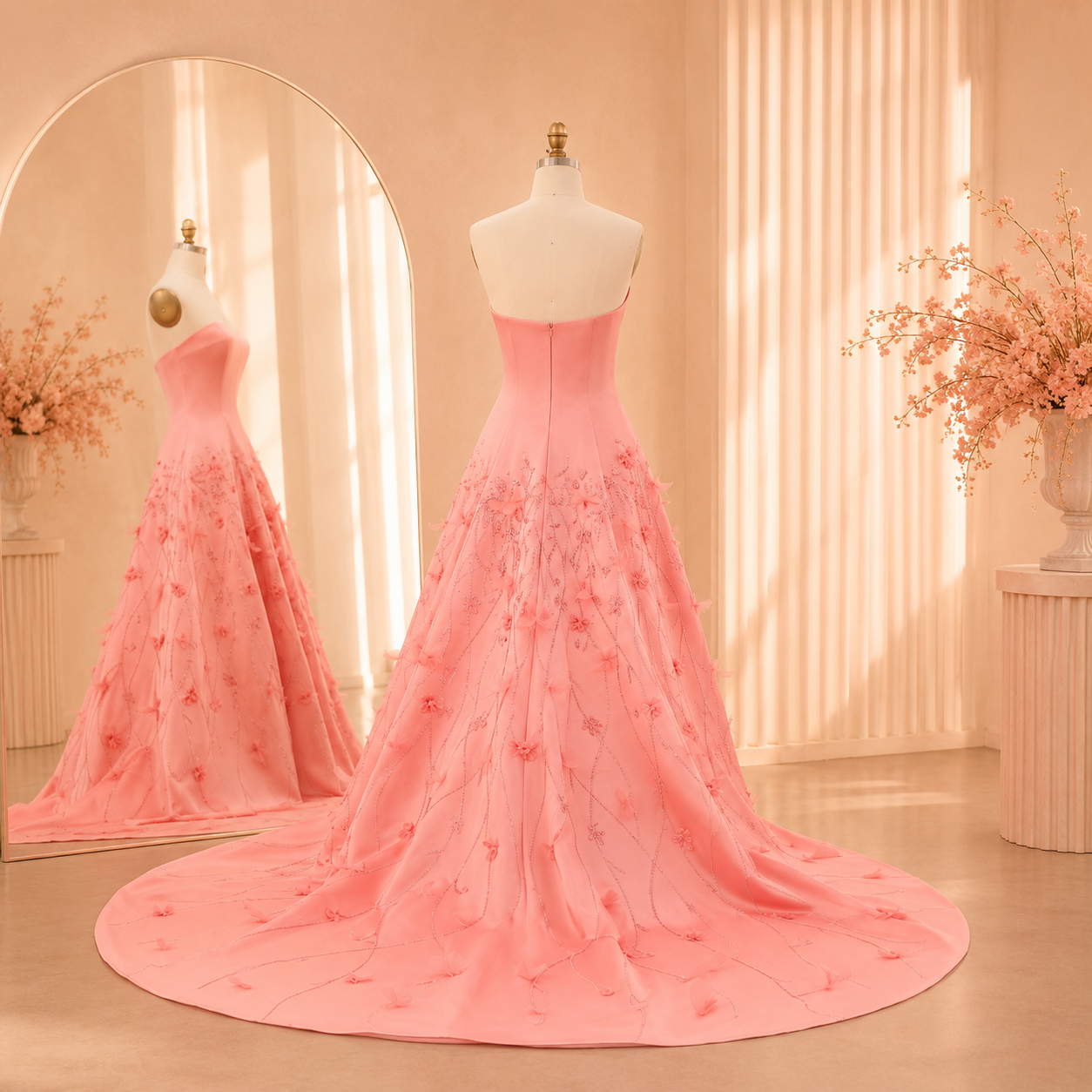 A beautiful coral pink strapless princess style luxury ball gown with 3D floral embroidery and a long train displayed on a mannequin, with a matching dress visible in a mirror reflection.