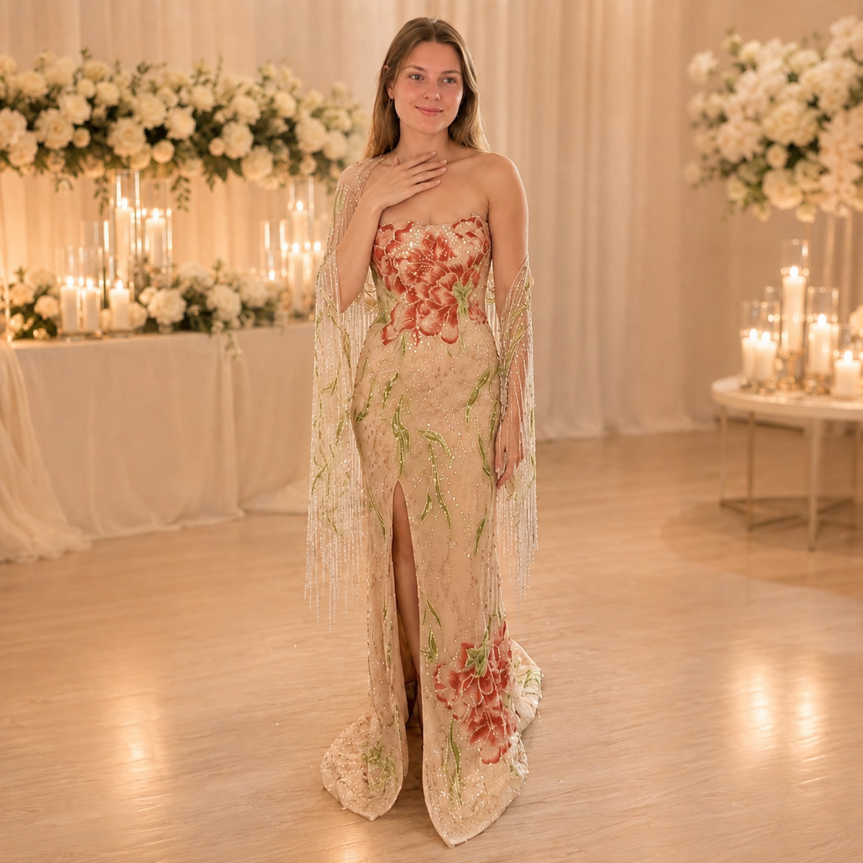 A woman stands in a softly lit event space wearing a luxurious shimmering strapless sequin gown with intricate floral beadwork detailing, a high slit, and a matching fringed cape. The background features white floral arrangements, candles, and draped cream fabric.