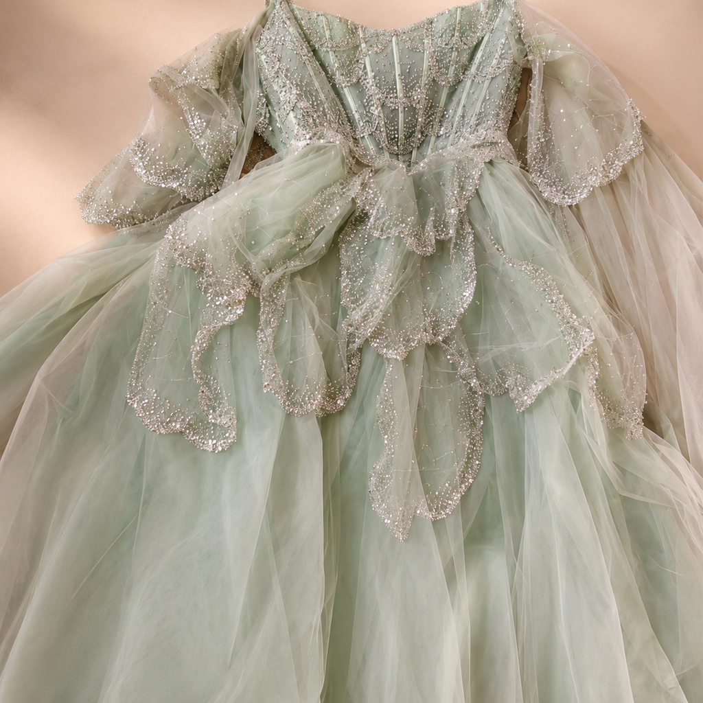 Gorgeous couture fashion Mint green ballgown with beaded crystal embellishments on a soft pink background