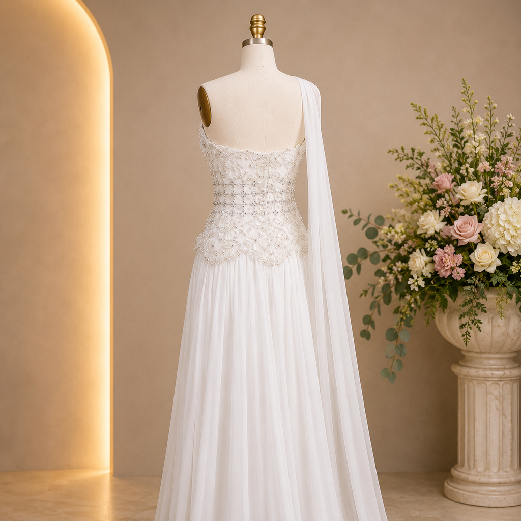 Gorgeous luxury White wedding dress with exquisite crystal details on a mannequin with a floral arrangement in the background