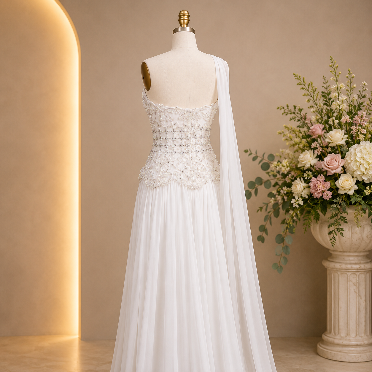 Gorgeous luxury White wedding dress with exquisite crystal details on a mannequin with a floral arrangement in the background