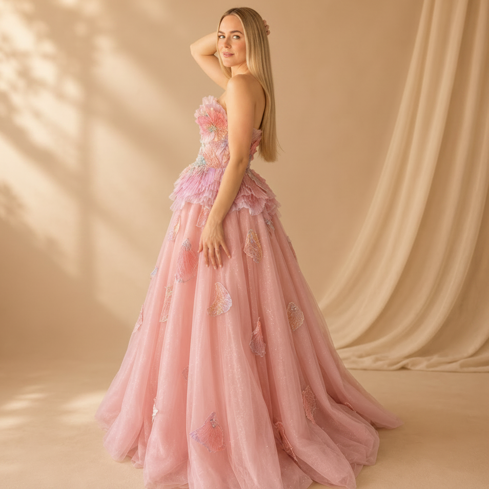 Side on view of gorgeous woman wearing a stunning princess fairy pink ballgown, with luxury shimmering beadwork details and three dimensional embellishments.