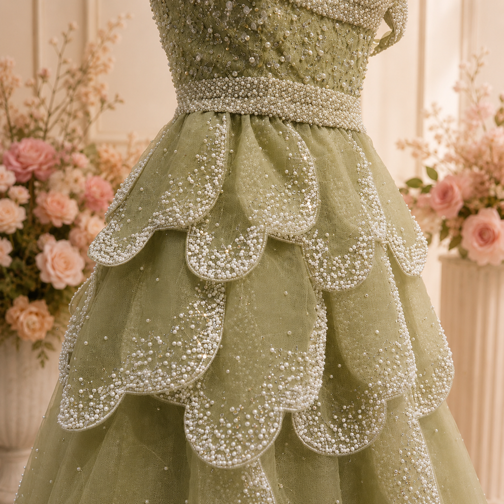 Close up of exquisite couture detailing of pearl and shimmering beadwork embellishments on a luxury sage green princess ballgown dress.