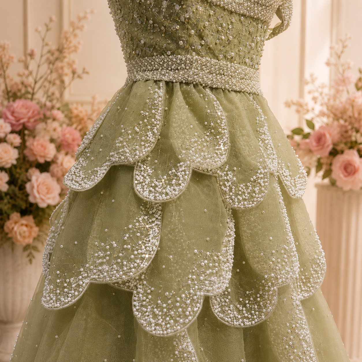 Close up of exquisite couture detailing of pearl and shimmering beadwork embellishments on a luxury sage green princess ballgown dress.