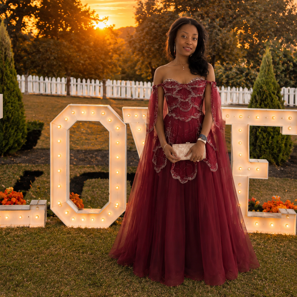 Woman in a red ballgown standing in front of illuminated 'LOVE' letters at sunset.